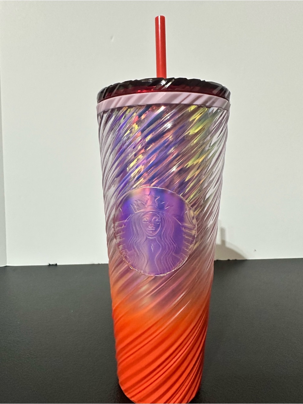 Starbucks Iridescent Orange and Purple Spiral Tumbler with Red Straw